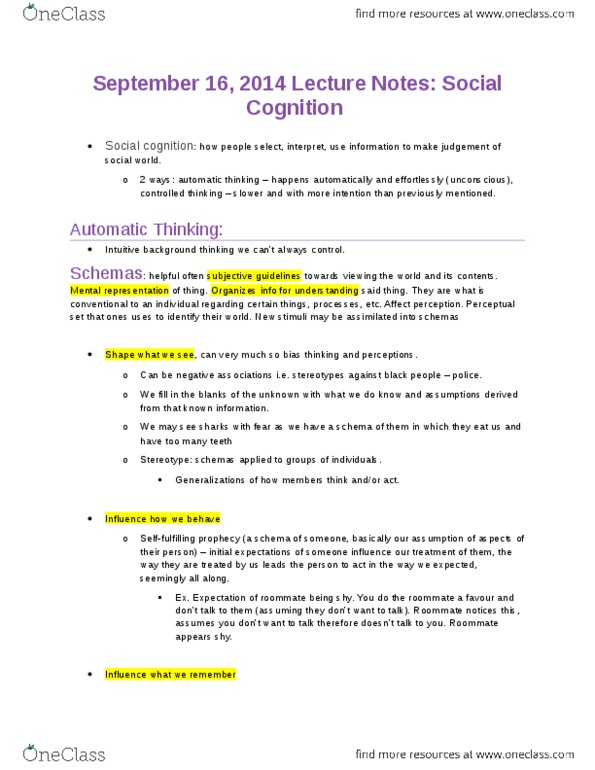 PSYC 260 Lecture Notes - Lecture 2: Mental Representation, Thought Suppression, Social Cognition thumbnail