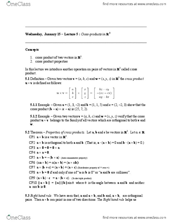 MATH136 Lecture Notes - Lecture 5: Triple Product, Cross Product, Anticommutativity thumbnail