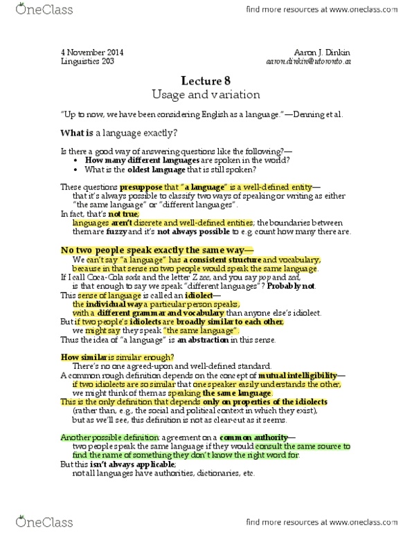 LIN203H1 Lecture Notes - Lecture 8: Nonstandard Dialect, Dialect Continuum, Proto-Indo-European Language thumbnail