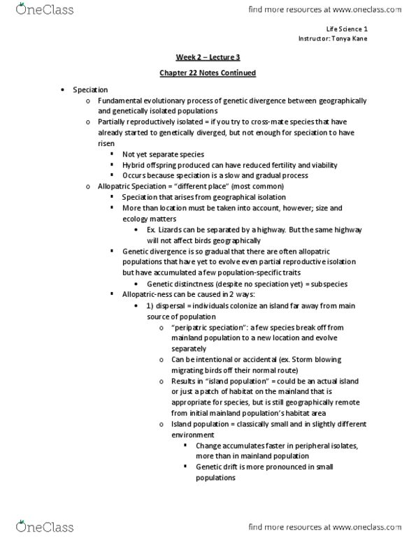 LIFESCI 1 Lecture Notes - Lecture 6: Chromosome, Main Source, Reproductive Isolation thumbnail