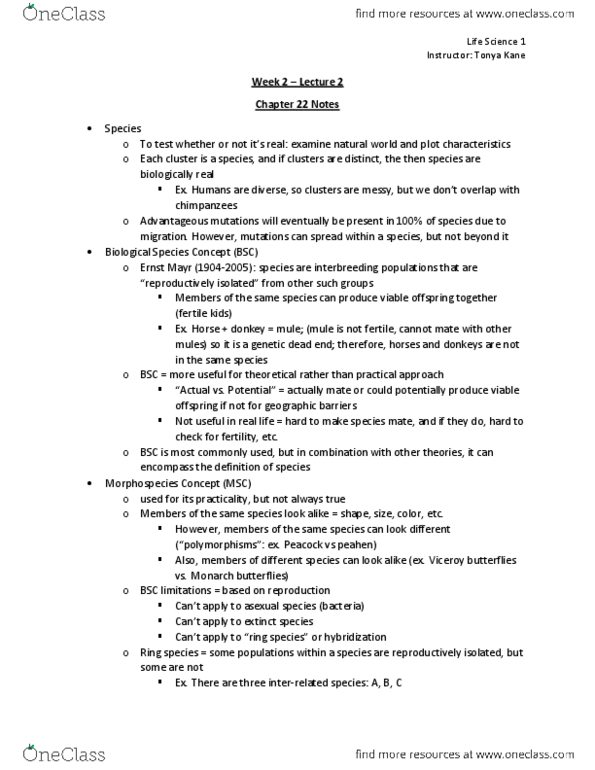 LIFESCI 1 Lecture Notes - Lecture 5: Ecological Niche, Monarch Butterfly, Reproductive Isolation thumbnail