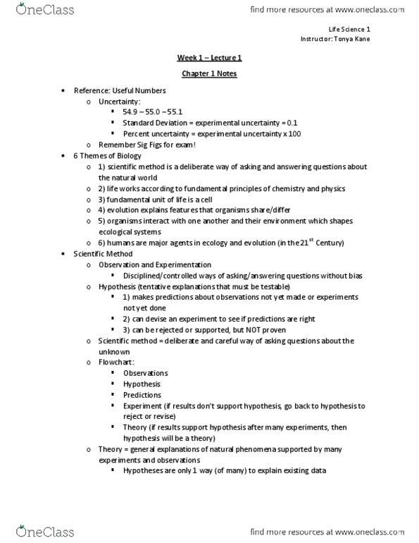 LIFESCI 1 Lecture Notes - Lecture 1: Cytoplasm, Francesco Redi, Cell Membrane thumbnail