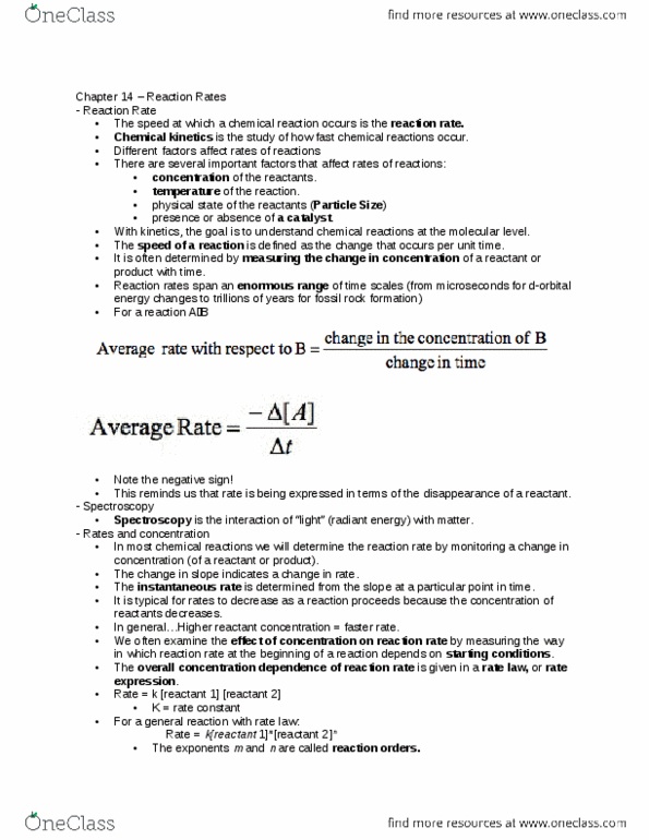 CHEM 1220 Chapter Notes - Chapter 14: Molecularity, Chemical Kinetics, Radiant Energy thumbnail