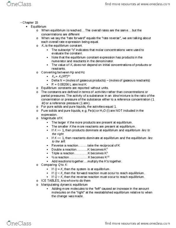 CHEM 1220 Chapter Notes - Chapter 15: Ideal Solution, Equilibrium Constant, Dynamic Equilibrium thumbnail