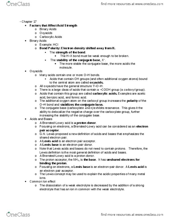 CHEM 1220 Chapter Notes - Chapter 17: Acid Strength, Ion, Conjugate Acid thumbnail