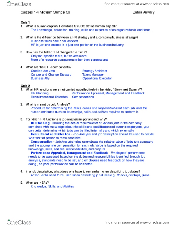 MHR 523 Midterm: Quiz Questions 1-4 & Midterm Sample Qs PDF.pdf - OneClass