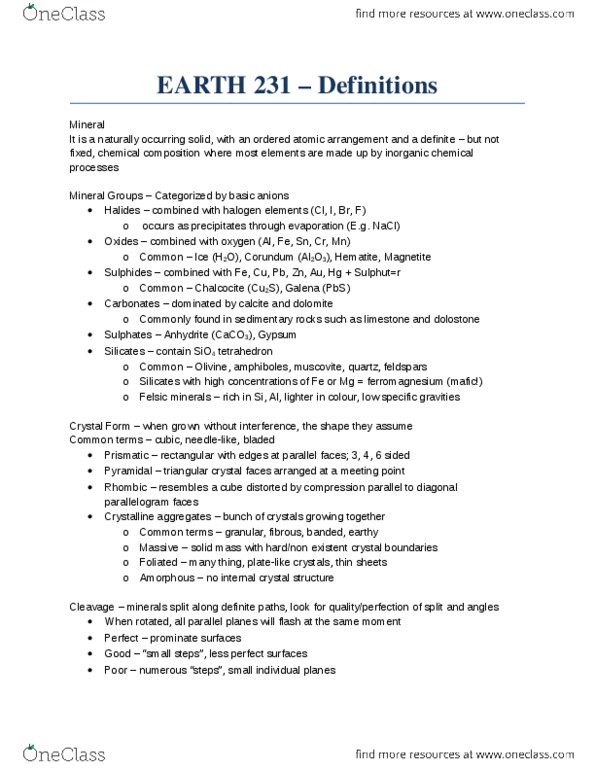 EARTH231 Chapter Notes - Chapter 1: Limonite, Covalent Bond, Feldspar thumbnail