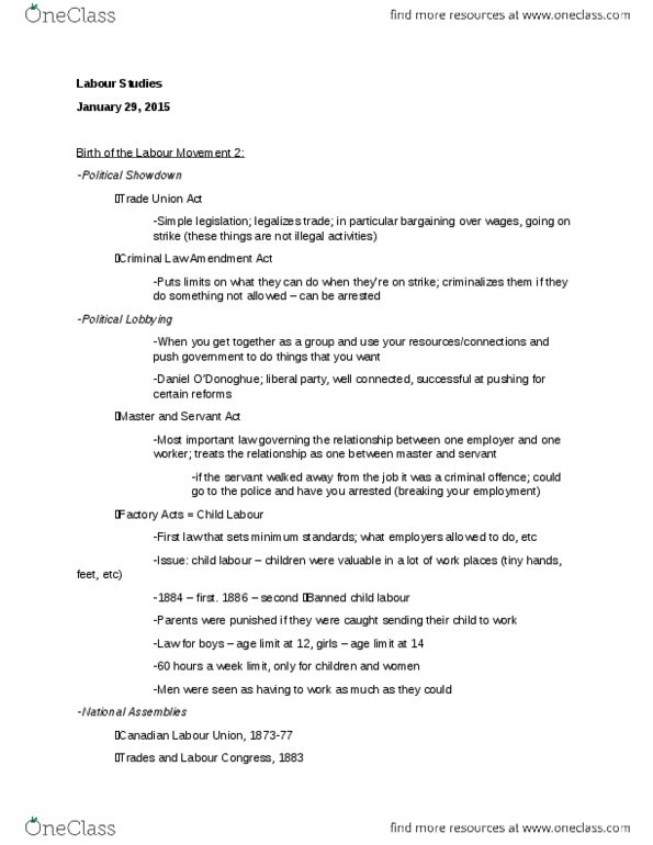 LABRST 1A03 Lecture Notes - Lecture 7: Expulsion Of The Acadians, Canadian Labour Congress, Samuel Gompers thumbnail