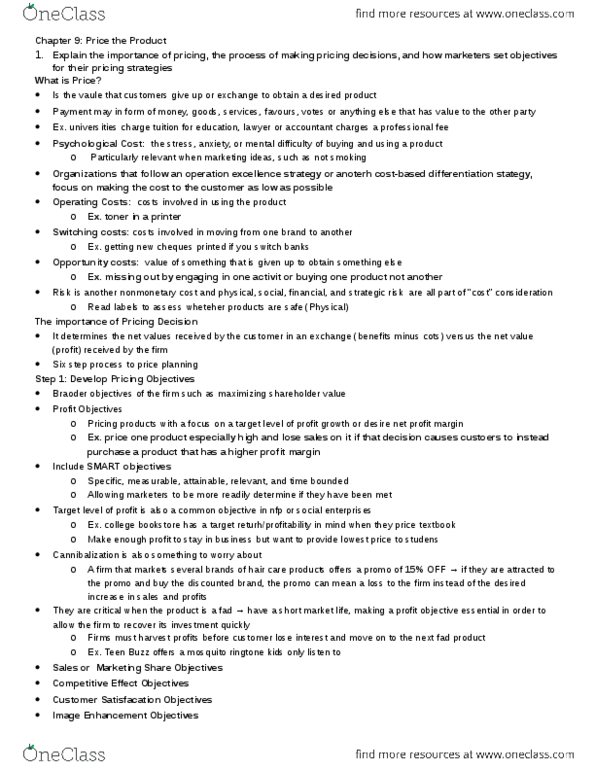 BUS 343 Chapter Notes - Chapter 9: Smart Criteria, Profit Margin, Pricing Strategies thumbnail
