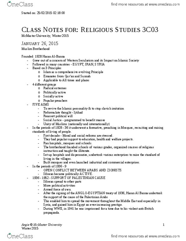 RELIGST 3C03 Lecture Notes - Lecture 7: Hassan Al-Banna, Ijtihad, Sunnah thumbnail