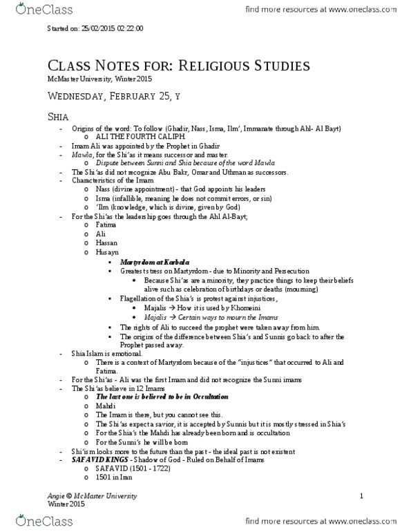RELIGST 3C03 Lecture Notes - Lecture 10: Ahl Al-Bayt, Khum, Iranian Revolution thumbnail