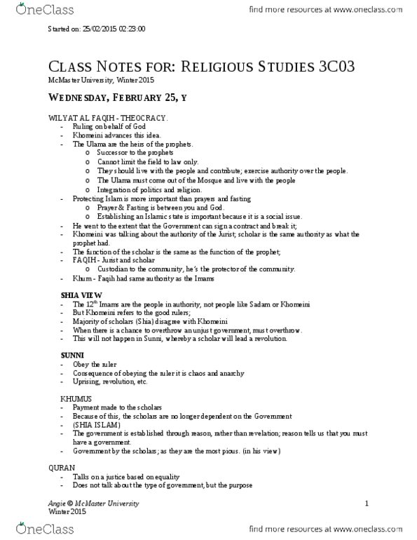 RELIGST 3C03 Lecture Notes - Lecture 11: Islamic Culture, Ulama, Cultural Imperialism thumbnail