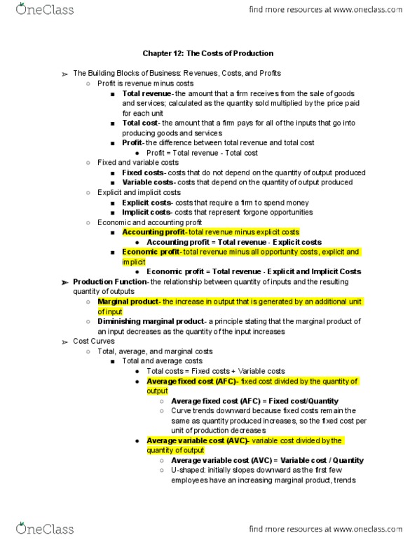 ECON 200 Chapter Notes - Chapter 12: Marginal Cost, Fixed Cost, Average Cost thumbnail