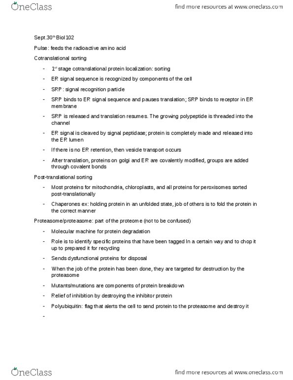 BIOL 102 Lecture Notes - Lecture 4: Signal Recognition Particle, Signal Peptidase, Covalent Bond thumbnail