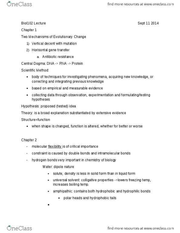 BIOL 102 Lecture Notes - Lecture 1: Antimicrobial Resistance, Hydrophile, Amphiphile thumbnail