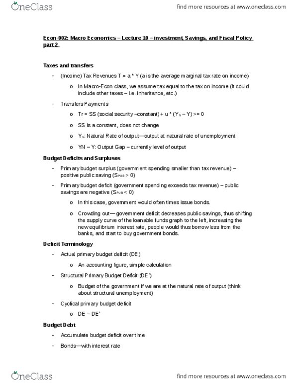 ECON 002 Lecture Notes - Lecture 10: Tax Rate, Loanable Funds, Government Spending thumbnail