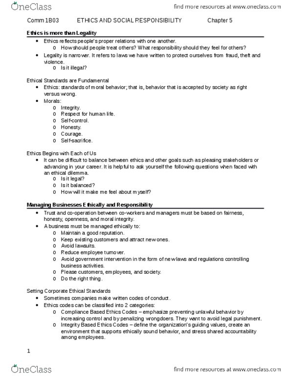 COMMERCE 1B03 Chapter Notes - Chapter 5: Corporate Social Responsibility, Federal Accountability Act, Business Ethics thumbnail