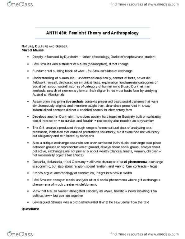 ANTH 480 Lecture Notes - Lecture 1: Kinship Terminology, Incest Taboo, Marcel Mauss thumbnail