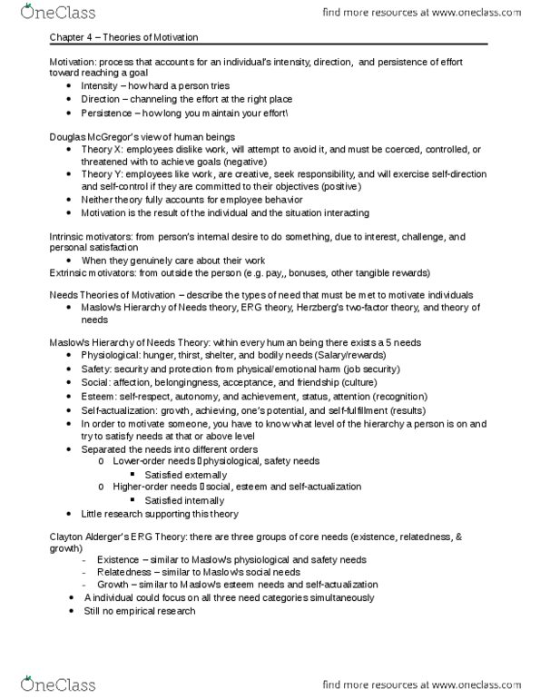 BUS 272 Chapter Notes - Chapter 4: Performance Appraisal, Job Satisfaction, Motivation thumbnail