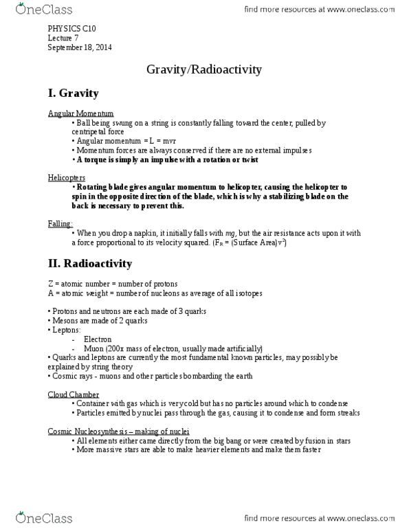 PHYSICS C10 Lecture Notes - Lecture 7: Cosmic Ray, Centripetal Force, Nucleosynthesis thumbnail