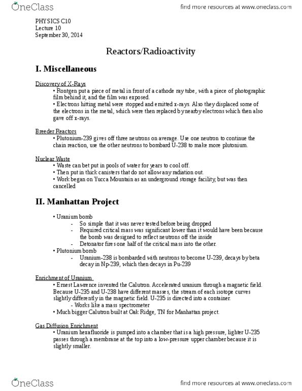 PHYSICS C10 Lecture Notes - Lecture 10: Cathode Ray Tube, Ernest Lawrence, Plutonium thumbnail