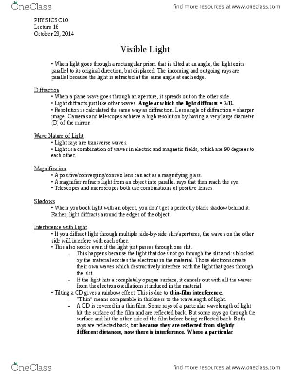 PHYSICS C10 Lecture Notes - Lecture 16: The Sharper Image, Plane Wave, Near-Sightedness thumbnail