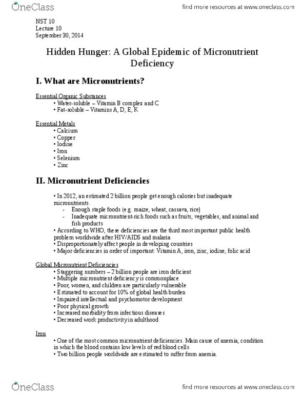 NUSCTX 10 Lecture Notes - Lecture 10: Micronutrient Deficiency, B Vitamins, Nyctalopia thumbnail