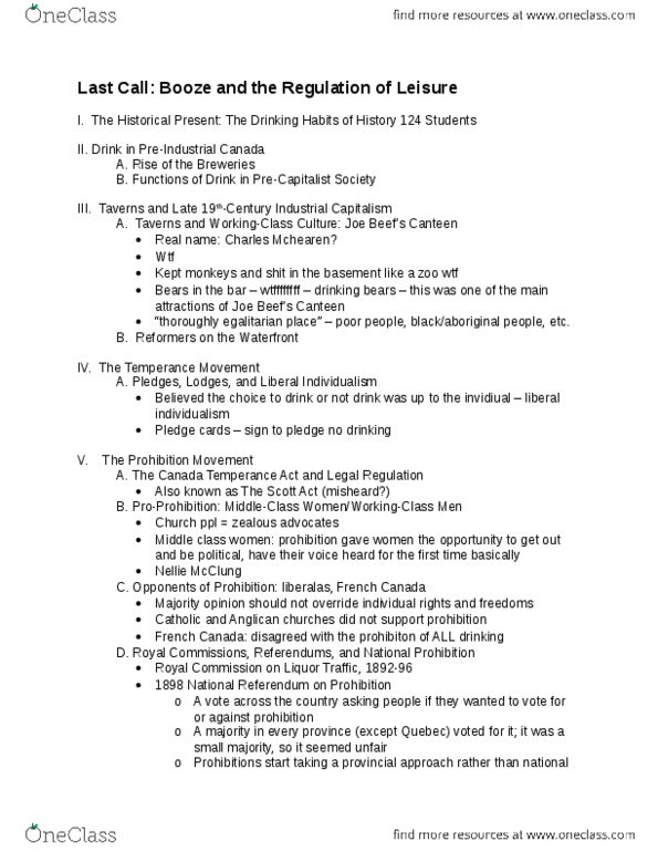 HIST 124 Lecture Notes - Lecture 4: Canada Temperance Act, Nellie Mcclung, Joe Beef thumbnail