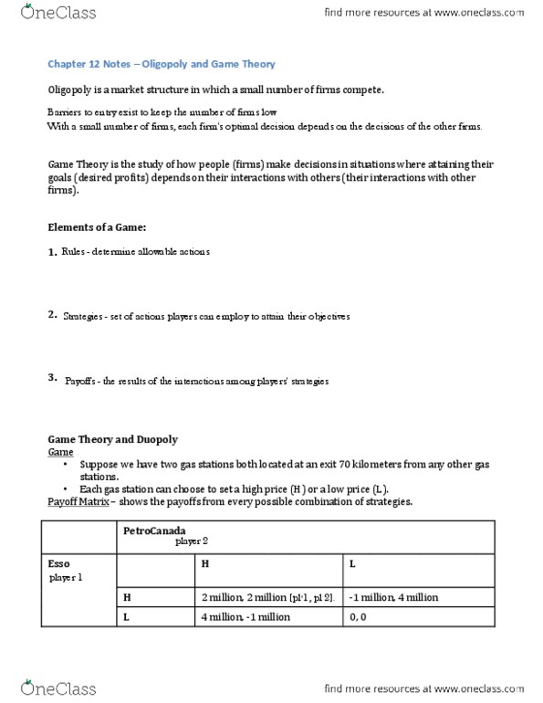 ECO100Y5 Lecture Notes - Lecture 13: Nash Equilibrium, Normal-Form Game, Petro-Canada thumbnail