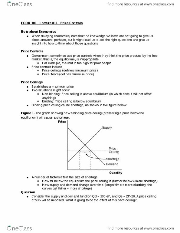 Econ 101 Lecture Notes Lecture 11 Price Ceiling Price Floor