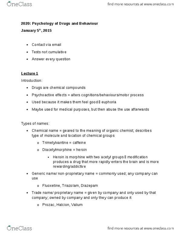 Psychology 2020A/B Lecture Notes - Lecture 1: Triazolam, Organic Chemistry, Fluoxetine thumbnail