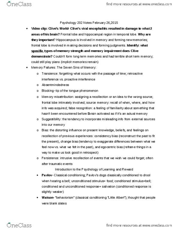 PSYCH 202 Lecture Notes - Lecture 9: Frontal Lobe, Temporal Lobe, Interference Theory thumbnail