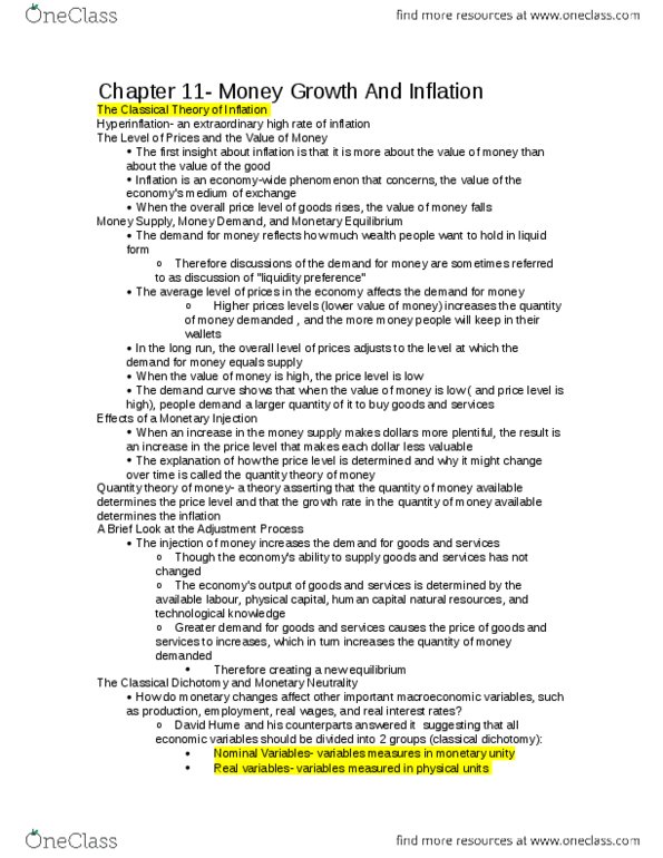 ECON 1B03 Chapter Notes - Chapter 11: Classical Dichotomy, Nominal Interest Rate, Neutrality Of Money thumbnail