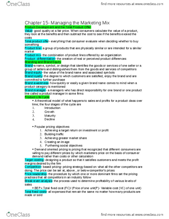 COMMERCE 1E03 Chapter Notes - Chapter 15: Brand Equity, Brand Loyalty, Brand Management thumbnail