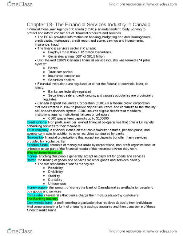 COMMERCE 1E03 Chapter Notes - Chapter 18: Canada Deposit Insurance Corporation, Credit Union, Trust Company thumbnail