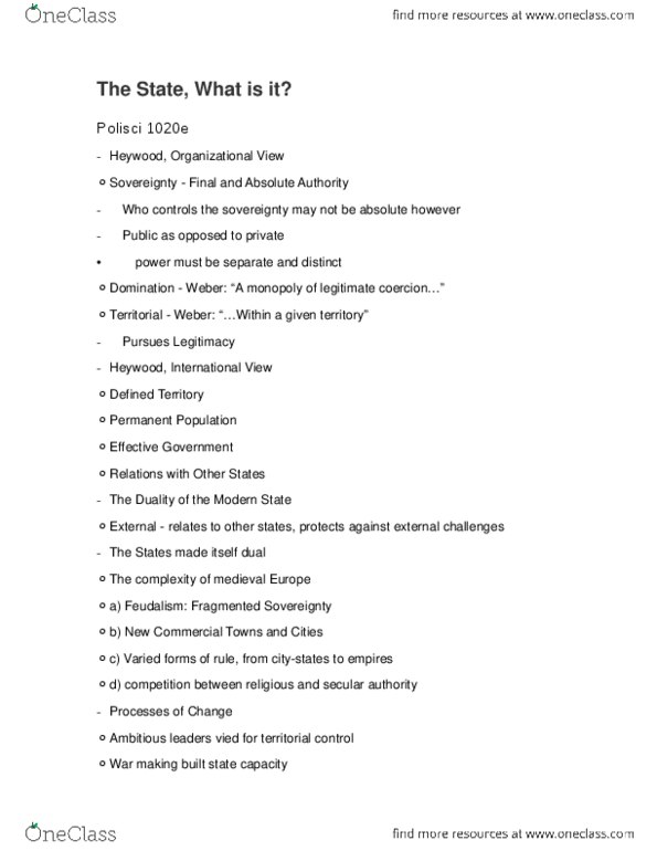 Political Science 1020E Lecture Notes - Lecture 3: Feudalism, Comparative Politics thumbnail