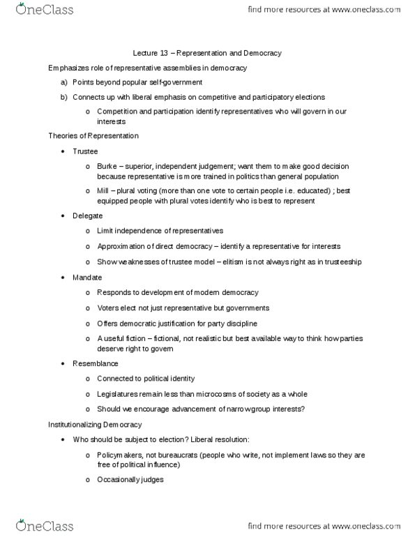 Political Science 1020E Lecture Notes - Lecture 13: Plural Voting, Secret Ballot, Joseph Schumpeter thumbnail