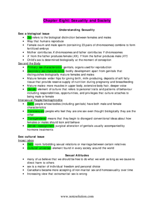 SOC100H5 Chapter Notes - Chapter 8: Secondary Sex Characteristic, Cultural Universal, Bisexuality thumbnail