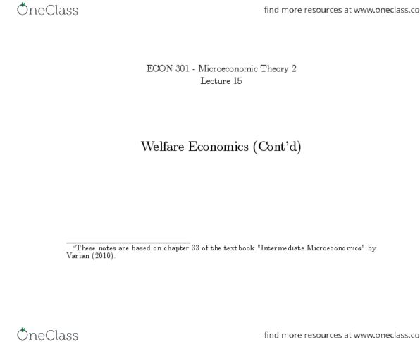 ECON301 Lecture Notes - Lecture 15: Social Welfare Function, Pareto Efficiency, John Rawls thumbnail