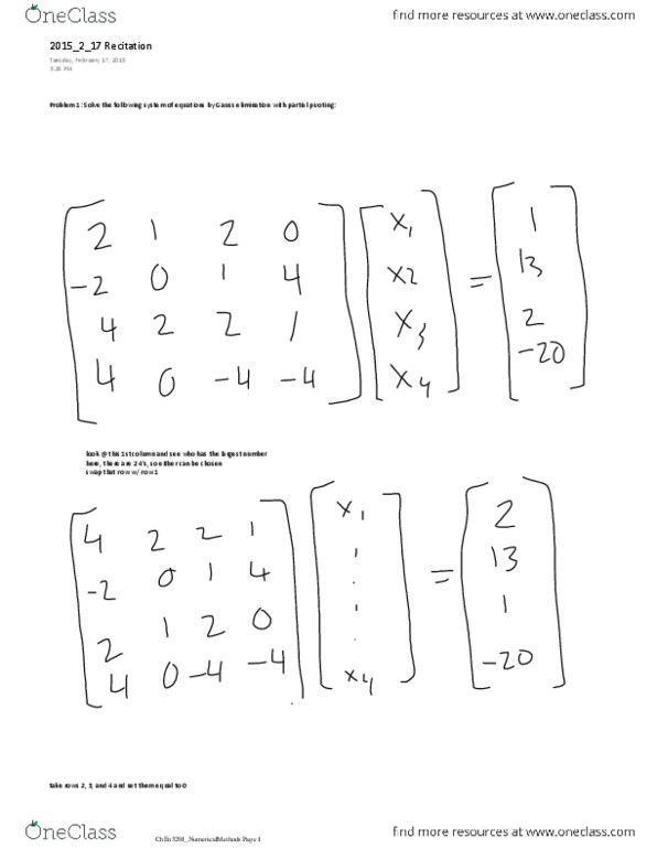 CHEN 3201 Lecture Notes - Lecture 16: Lu Decomposition, Diagonal Matrix, Gaussian Elimination thumbnail