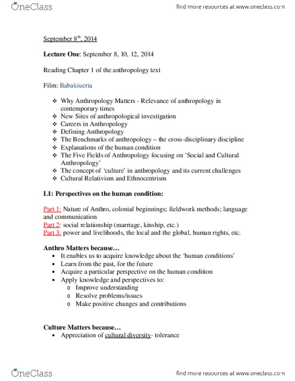 AN101 Lecture Notes - Lecture 1: Reductionism, Ethnology, Ethnocentrism thumbnail
