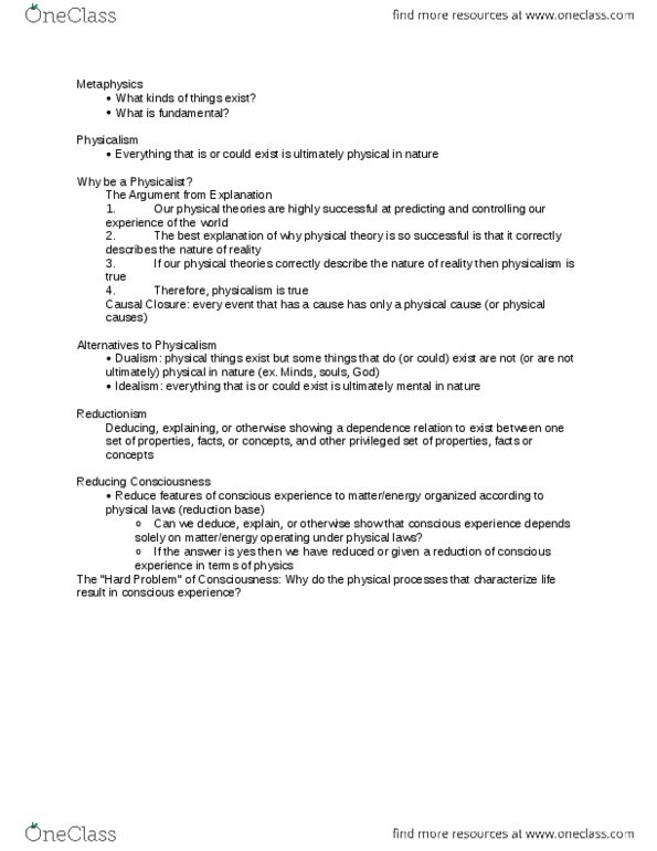 PHIL 101 Lecture Notes - Lecture 4: Physicalism, Reductionism thumbnail