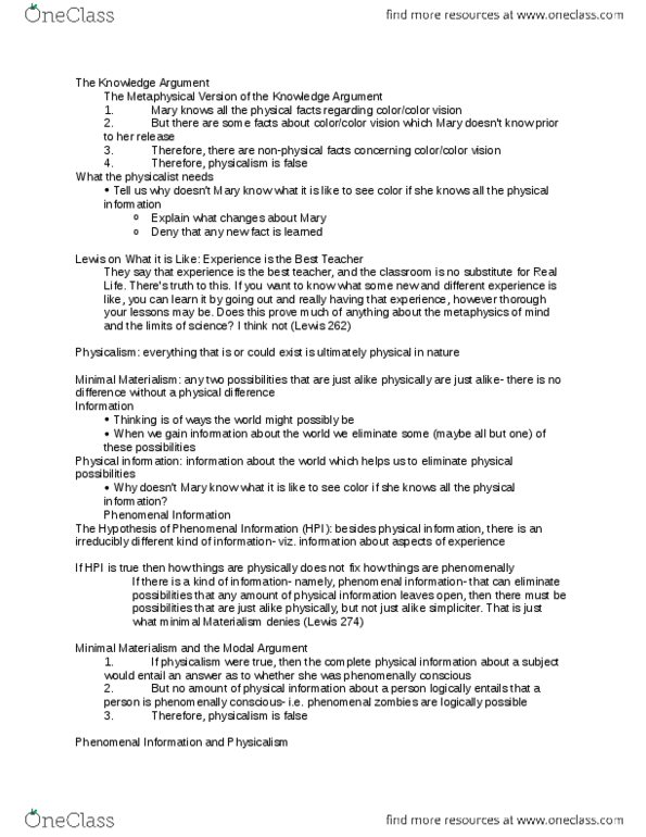 PHIL 101 Lecture Notes - Lecture 11: Logical Consequence, Materialism, Physicalism thumbnail