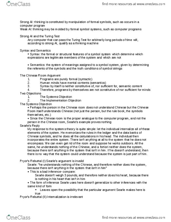 PHIL 101 Lecture Notes - Lecture 15: Chinese Room, Turing Test, Intentionality thumbnail