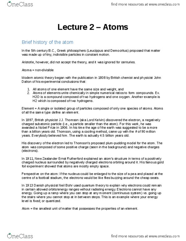 Earth Sciences 1023A/B Lecture Notes - Lecture 2: Subatomic Particle, Relative Atomic Mass, Atomic Number thumbnail