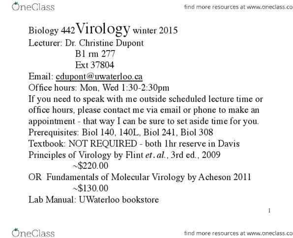 BIOL442 Lecture Notes - Lecture 1: Barley Yellow Dwarf, Potato Spindle Tuber Viroid, Phocine Distemper Virus thumbnail