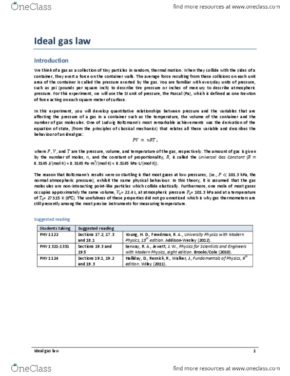 PHY 1122 Lecture Notes - Lecture 15: Ideal Gas Law, Ideal Gas, Thermometer thumbnail