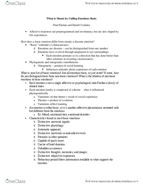 PSY331H1 Chapter Notes - Chapter 3: Emotion Classification, Emo, Amygdala thumbnail