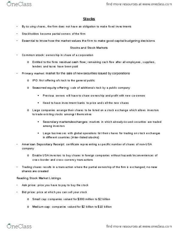 FINE 2000 Chapter Notes - Chapter 7: Dividend Discount Model, American Depositary Receipt, Seasoned Equity Offering thumbnail