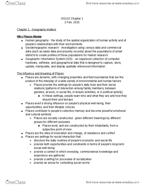 GG102 Chapter Notes - Chapter 1: Geographic Information System, De Jure, Human Geography thumbnail